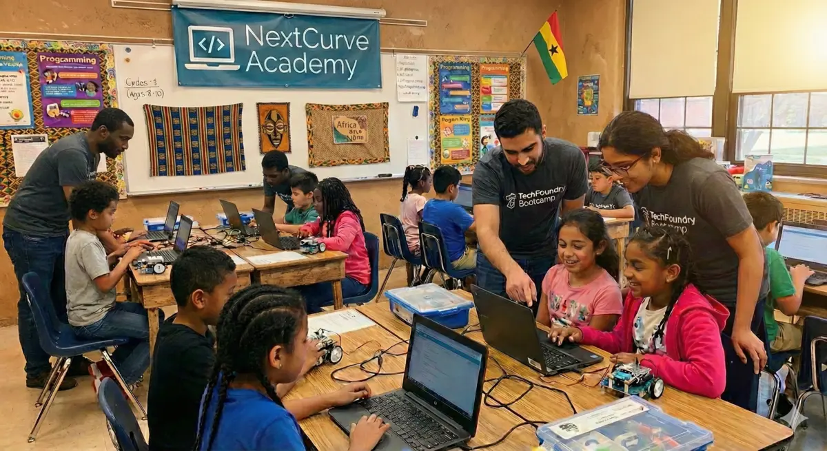 NextCurve Academy instructors helping pupils at laptops in a school classroom